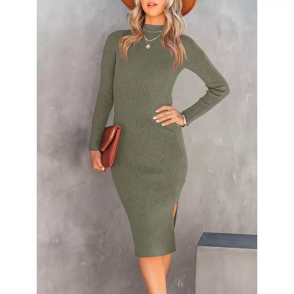 imageANRABESS Womens Long Sleeve Ribbed Sweater Dress Turtleneck Slim Fit Slit Midi Dress01green