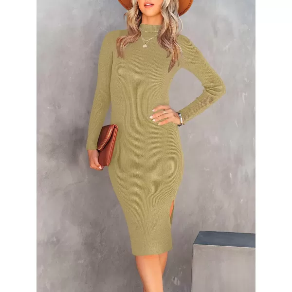 imageANRABESS Womens Long Sleeve Ribbed Sweater Dress Turtleneck Slim Fit Slit Midi Dress01kahki