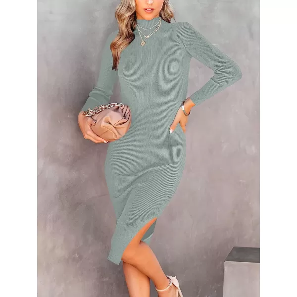 imageANRABESS Womens Long Sleeve Ribbed Sweater Dress Turtleneck Slim Fit Slit Midi Dress01light Gray