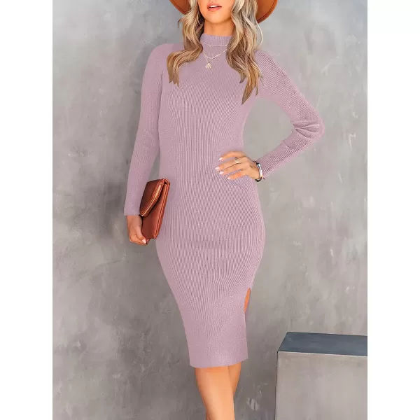 imageANRABESS Womens Long Sleeve Ribbed Sweater Dress Turtleneck Slim Fit Slit Midi Dress01light Purple
