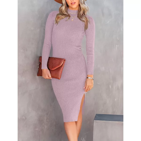 imageANRABESS Womens Long Sleeve Ribbed Sweater Dress Turtleneck Slim Fit Slit Midi Dress01light Purple