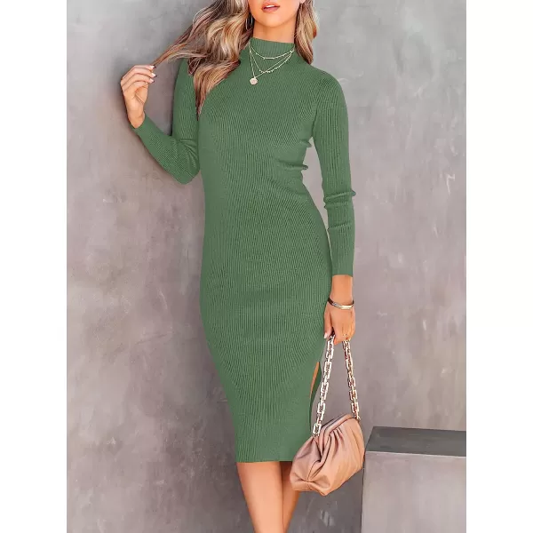 imageANRABESS Womens Long Sleeve Ribbed Sweater Dress Turtleneck Slim Fit Slit Midi Dress01olive