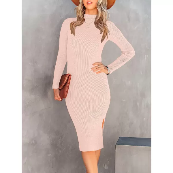 imageANRABESS Womens Long Sleeve Ribbed Sweater Dress Turtleneck Slim Fit Slit Midi Dress01pink