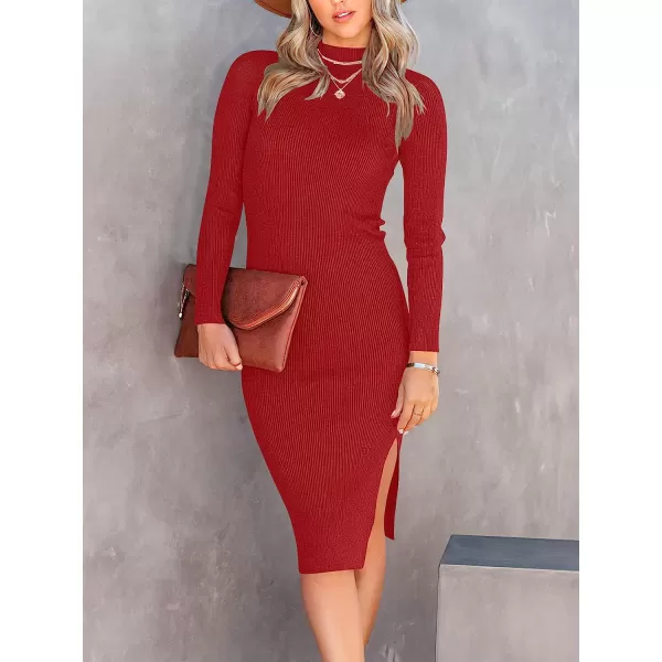 imageANRABESS Womens Long Sleeve Ribbed Sweater Dress Turtleneck Slim Fit Slit Midi Dress01red