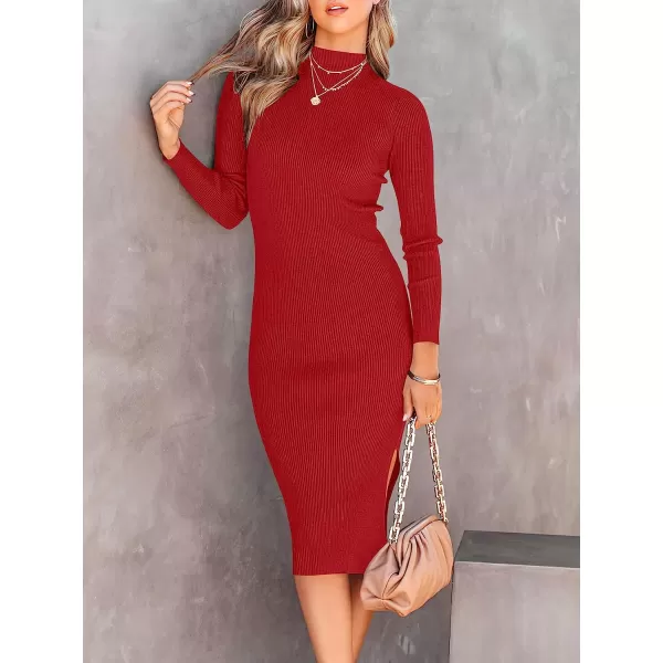 imageANRABESS Womens Long Sleeve Ribbed Sweater Dress Turtleneck Slim Fit Slit Midi Dress01red