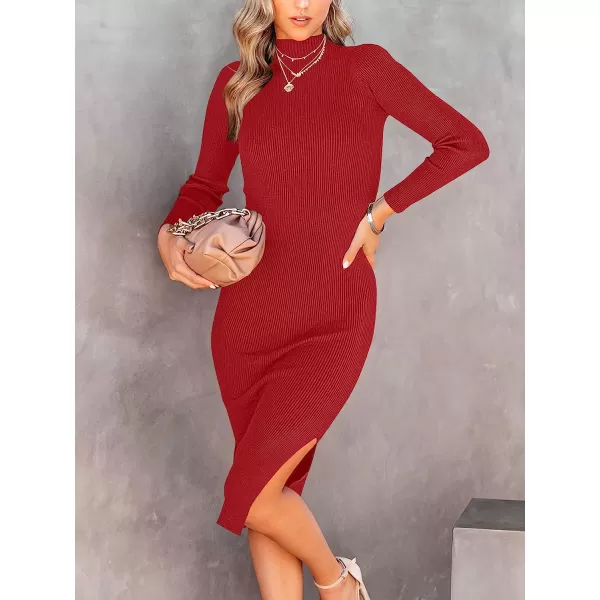imageANRABESS Womens Long Sleeve Ribbed Sweater Dress Turtleneck Slim Fit Slit Midi Dress01red