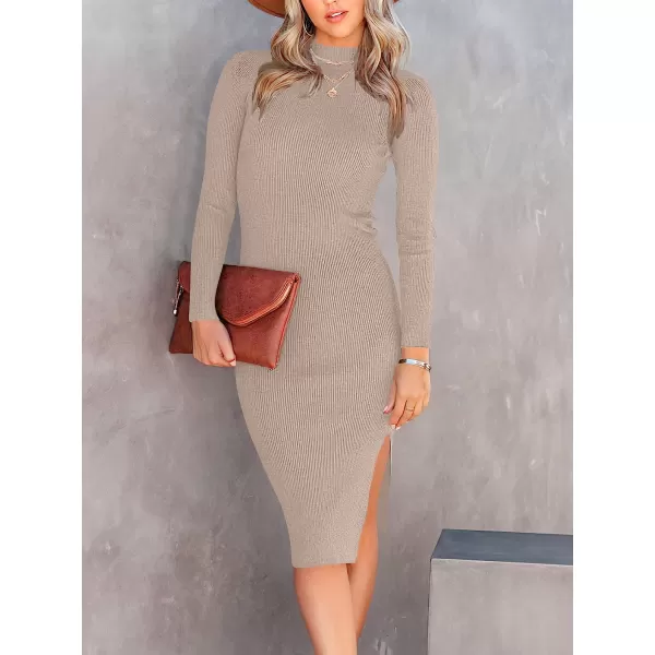 imageANRABESS Womens Long Sleeve Ribbed Sweater Dress Turtleneck Slim Fit Slit Midi Dress01red Apricot