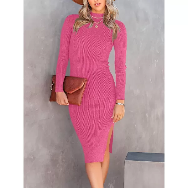 imageANRABESS Womens Long Sleeve Ribbed Sweater Dress Turtleneck Slim Fit Slit Midi Dress01rose