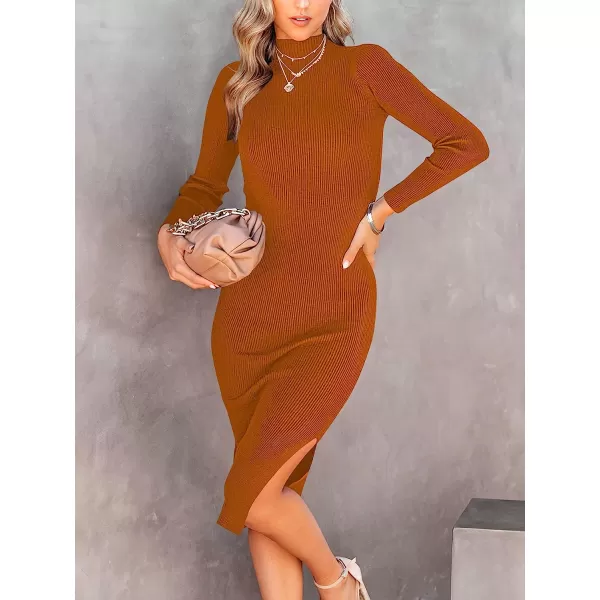 imageANRABESS Womens Long Sleeve Ribbed Sweater Dress Turtleneck Slim Fit Slit Midi Dress01rust