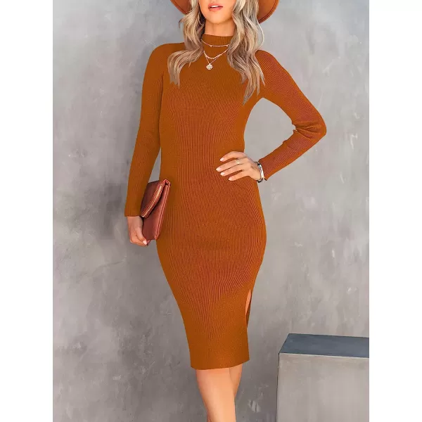 imageANRABESS Womens Long Sleeve Ribbed Sweater Dress Turtleneck Slim Fit Slit Midi Dress01rust