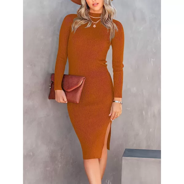 imageANRABESS Womens Long Sleeve Ribbed Sweater Dress Turtleneck Slim Fit Slit Midi Dress01rust