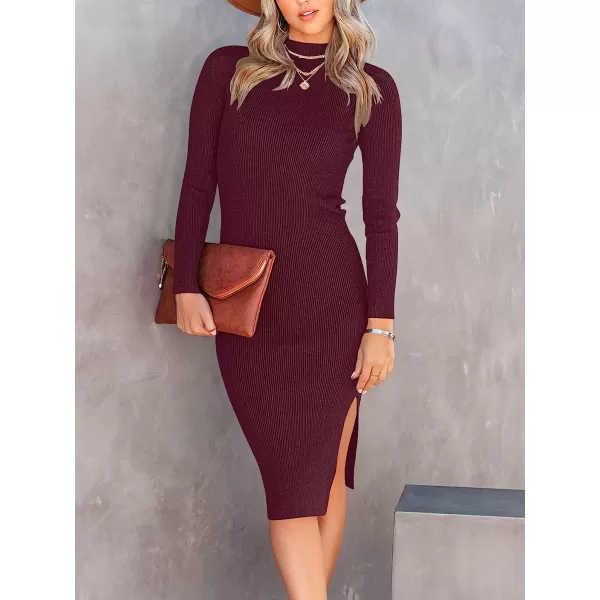 imageANRABESS Womens Long Sleeve Ribbed Sweater Dress Turtleneck Slim Fit Slit Midi Dress01wine Red