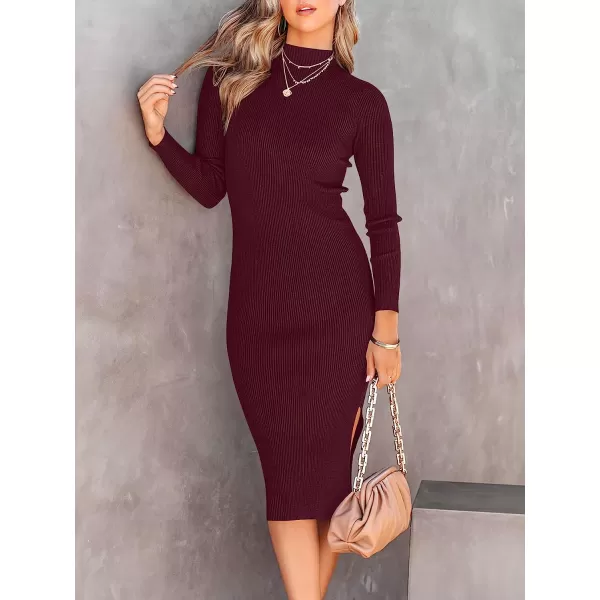 imageANRABESS Womens Long Sleeve Ribbed Sweater Dress Turtleneck Slim Fit Slit Midi Dress01wine Red