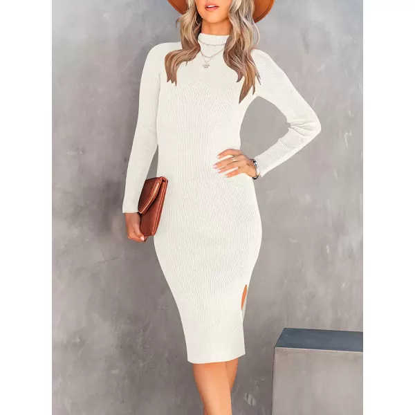 imageANRABESS Womens Long Sleeve Ribbed Sweater Dress Turtleneck Slim Fit Slit Midi DressWhite