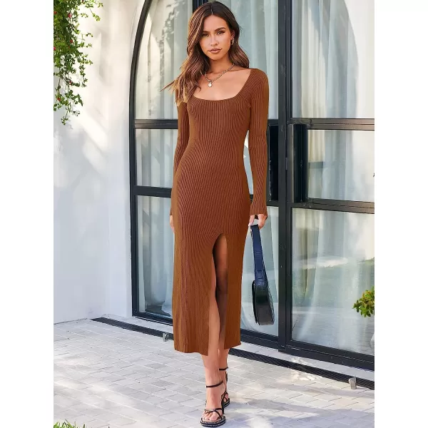 imageANRABESS Womens Long Sleeve Square Neck Slit Bodycon Sweater Dress Ribbed Knit Slim Fit Maxi Long DressCoffee
