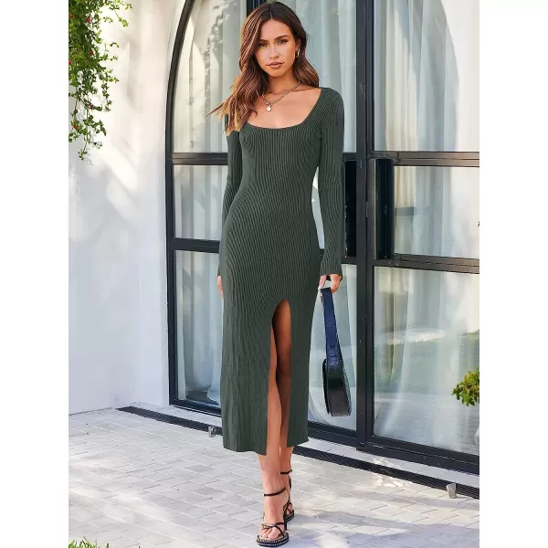 imageANRABESS Womens Long Sleeve Square Neck Slit Bodycon Sweater Dress Ribbed Knit Slim Fit Maxi Long DressDeep Gray