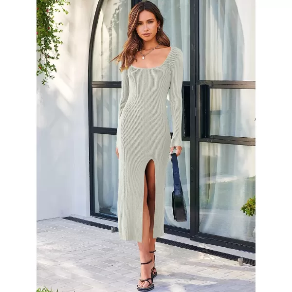 imageANRABESS Womens Long Sleeve Square Neck Slit Bodycon Sweater Dress Ribbed Knit Slim Fit Maxi Long DressGray