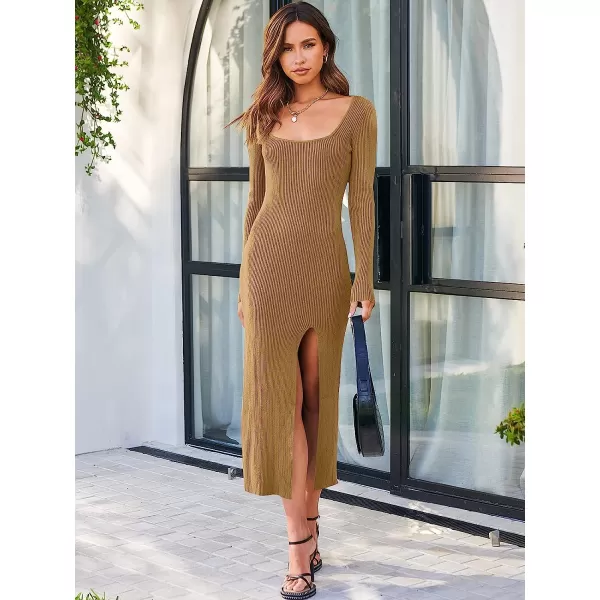 imageANRABESS Womens Long Sleeve Square Neck Slit Bodycon Sweater Dress Ribbed Knit Slim Fit Maxi Long DressKhaki