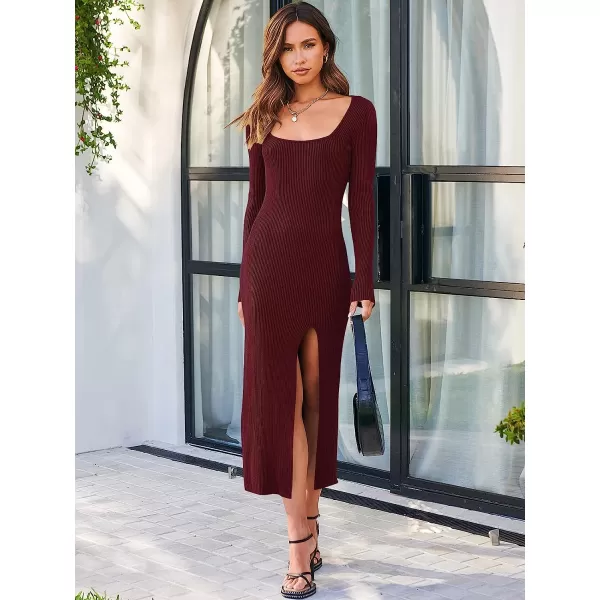 imageANRABESS Womens Long Sleeve Square Neck Slit Bodycon Sweater Dress Ribbed Knit Slim Fit Maxi Long DressWine Red