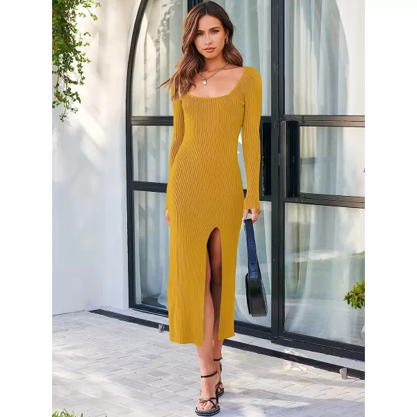imageANRABESS Womens Long Sleeve Square Neck Slit Bodycon Sweater Dress Ribbed Knit Slim Fit Maxi Long DressYellow