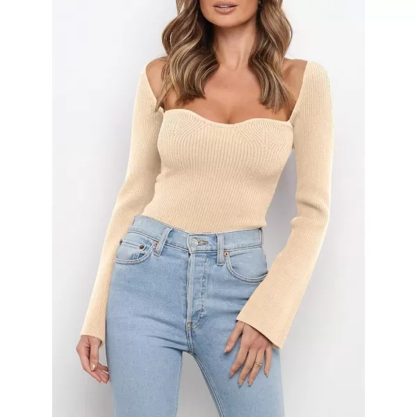imageANRABESS Womens Long Sleeve Sweetheart Neck Sweater Stretch Ribbed Knit Slim Fit Solid Crop Pullover TopsApricot