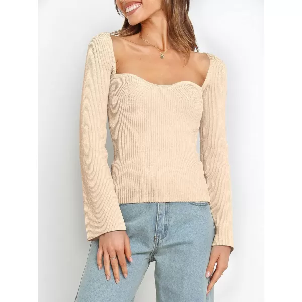 imageANRABESS Womens Long Sleeve Sweetheart Neck Sweater Stretch Ribbed Knit Slim Fit Solid Crop Pullover TopsApricot