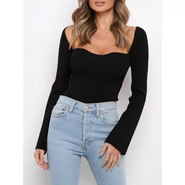 imageANRABESS Womens Long Sleeve Sweetheart Neck Sweater Stretch Ribbed Knit Slim Fit Solid Crop Pullover TopsBlack