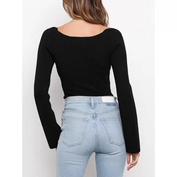 imageANRABESS Womens Long Sleeve Sweetheart Neck Sweater Stretch Ribbed Knit Slim Fit Solid Crop Pullover TopsBlack