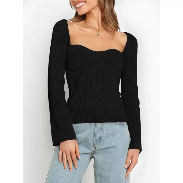 imageANRABESS Womens Long Sleeve Sweetheart Neck Sweater Stretch Ribbed Knit Slim Fit Solid Crop Pullover TopsBlack