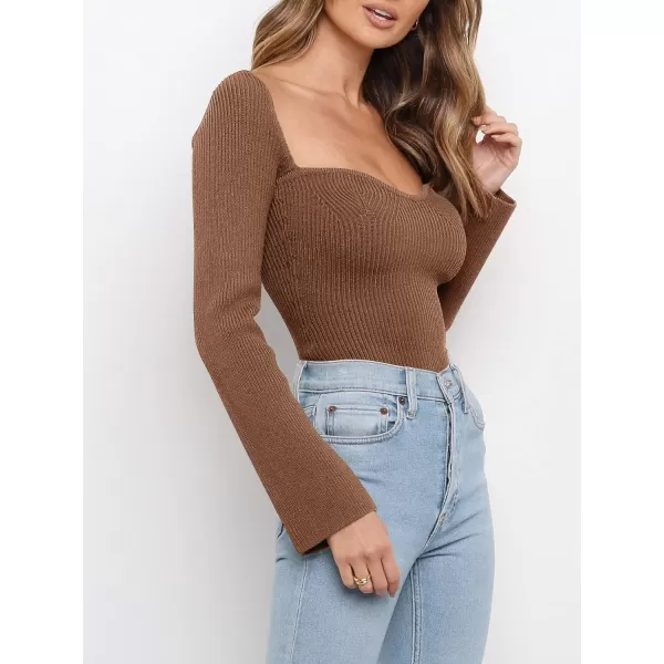 imageANRABESS Womens Long Sleeve Sweetheart Neck Sweater Stretch Ribbed Knit Slim Fit Solid Crop Pullover TopsBrown