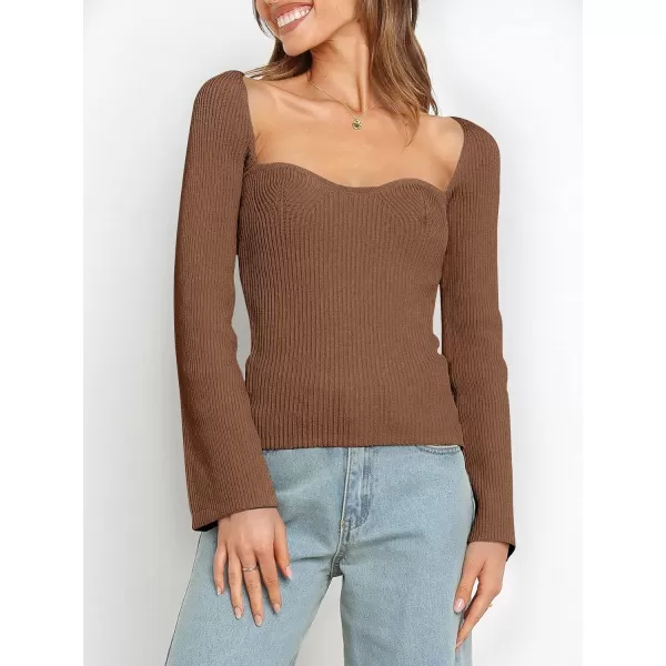 imageANRABESS Womens Long Sleeve Sweetheart Neck Sweater Stretch Ribbed Knit Slim Fit Solid Crop Pullover TopsBrown