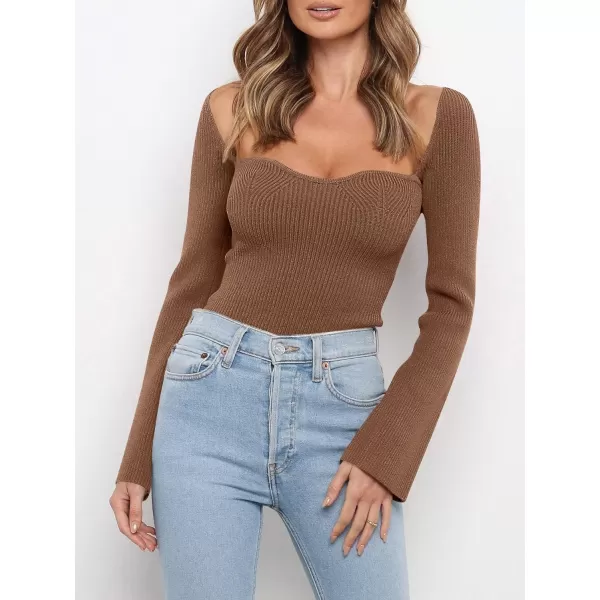 imageANRABESS Womens Long Sleeve Sweetheart Neck Sweater Stretch Ribbed Knit Slim Fit Solid Crop Pullover TopsBrown