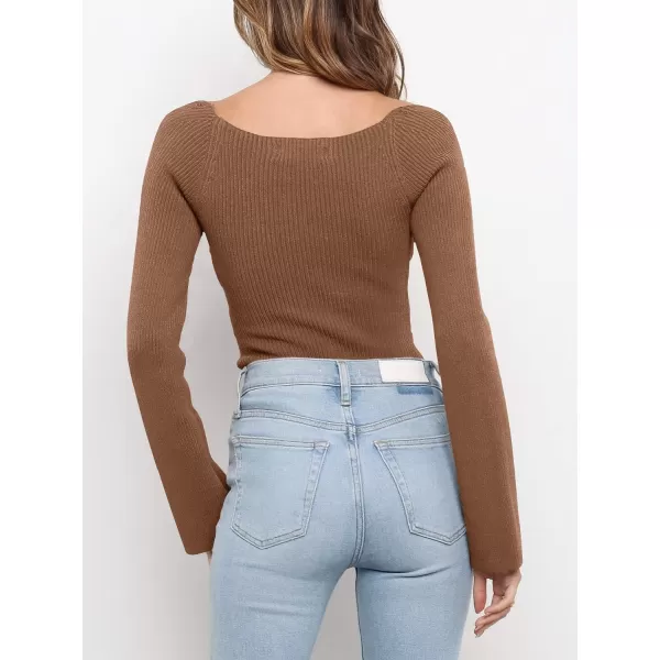 imageANRABESS Womens Long Sleeve Sweetheart Neck Sweater Stretch Ribbed Knit Slim Fit Solid Crop Pullover TopsBrown