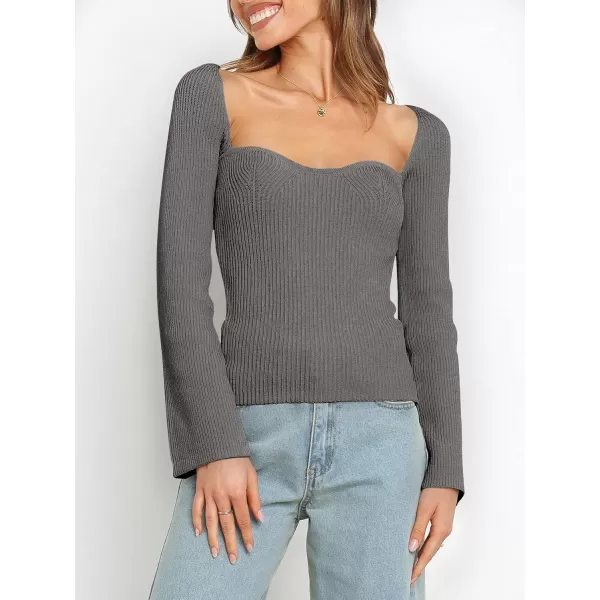 imageANRABESS Womens Long Sleeve Sweetheart Neck Sweater Stretch Ribbed Knit Slim Fit Solid Crop Pullover TopsGray