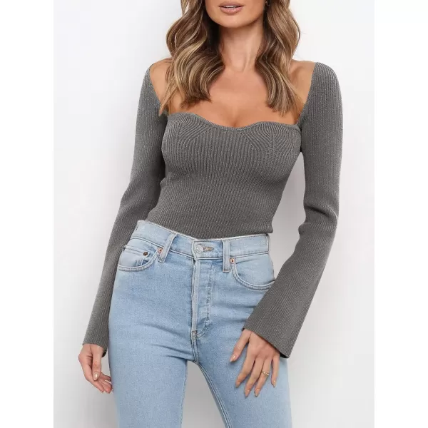imageANRABESS Womens Long Sleeve Sweetheart Neck Sweater Stretch Ribbed Knit Slim Fit Solid Crop Pullover TopsGray