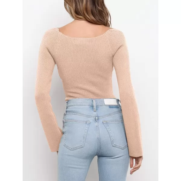 imageANRABESS Womens Long Sleeve Sweetheart Neck Sweater Stretch Ribbed Knit Slim Fit Solid Crop Pullover TopsPink