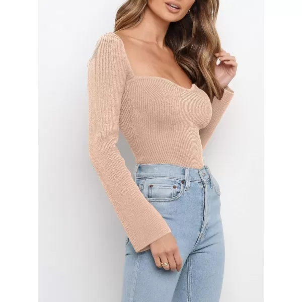 imageANRABESS Womens Long Sleeve Sweetheart Neck Sweater Stretch Ribbed Knit Slim Fit Solid Crop Pullover TopsPink