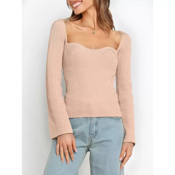 imageANRABESS Womens Long Sleeve Sweetheart Neck Sweater Stretch Ribbed Knit Slim Fit Solid Crop Pullover TopsPink