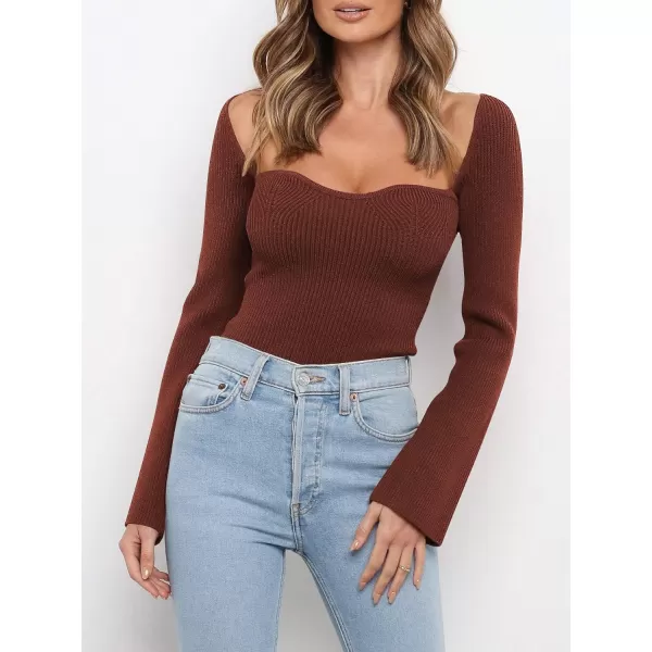 imageANRABESS Womens Long Sleeve Sweetheart Neck Sweater Stretch Ribbed Knit Slim Fit Solid Crop Pullover TopsRust