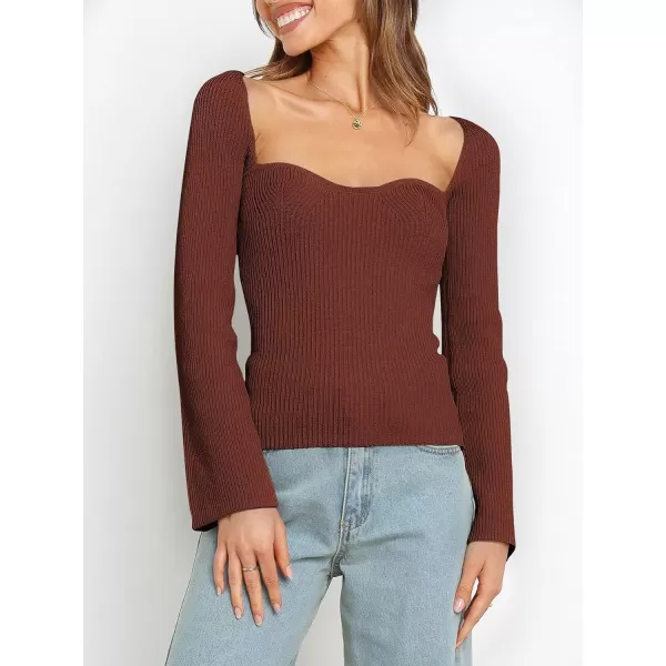 imageANRABESS Womens Long Sleeve Sweetheart Neck Sweater Stretch Ribbed Knit Slim Fit Solid Crop Pullover TopsRust