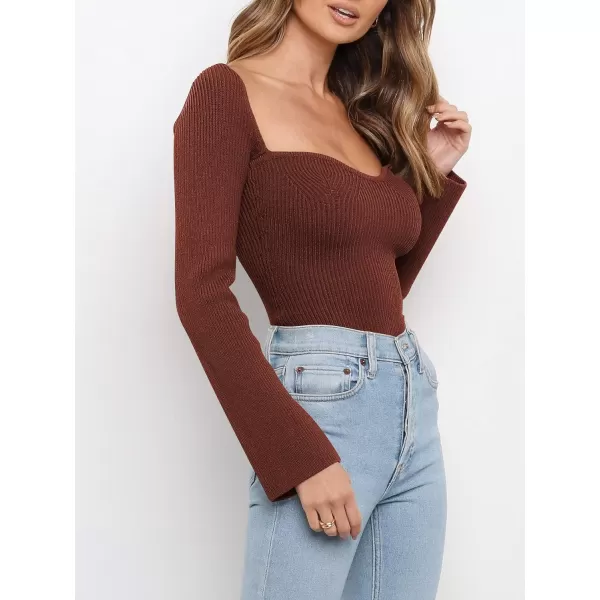 imageANRABESS Womens Long Sleeve Sweetheart Neck Sweater Stretch Ribbed Knit Slim Fit Solid Crop Pullover TopsRust