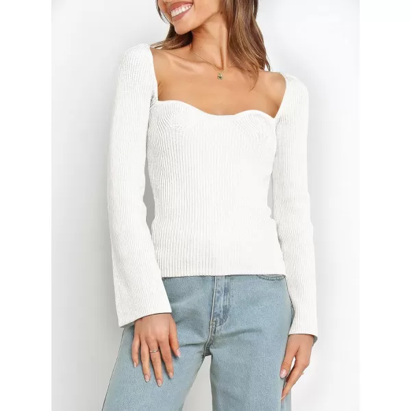 imageANRABESS Womens Long Sleeve Sweetheart Neck Sweater Stretch Ribbed Knit Slim Fit Solid Crop Pullover TopsWhite