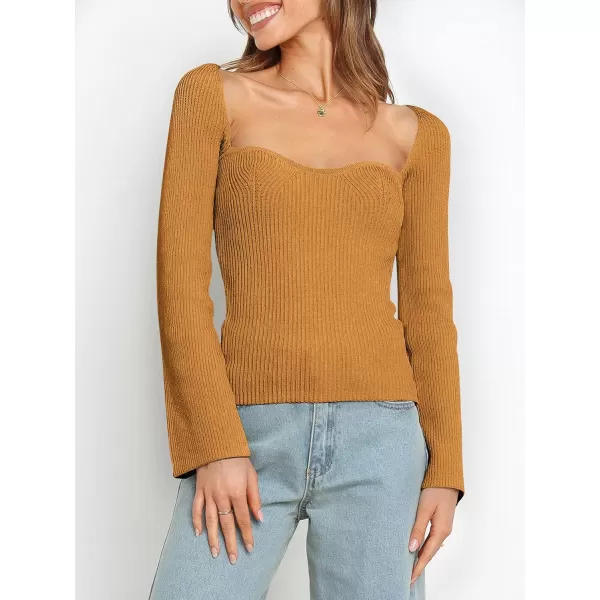 imageANRABESS Womens Long Sleeve Sweetheart Neck Sweater Stretch Ribbed Knit Slim Fit Solid Crop Pullover TopsYellow