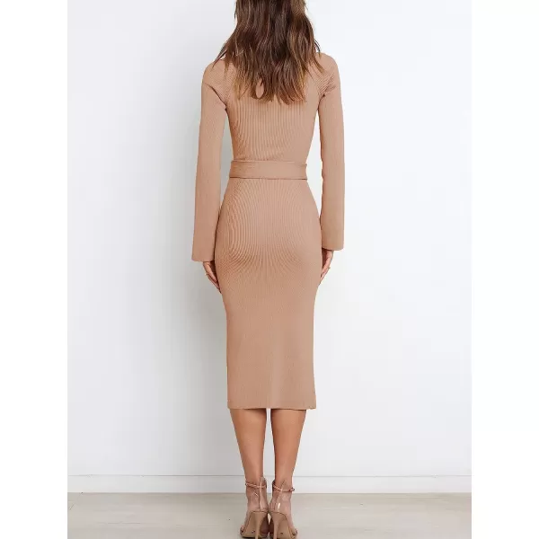 imageANRABESS Womens Long Sleeve Sweetheart Neck Tie Waist Slit Side Knit Bodycon Midi Sweater DressAlmond
