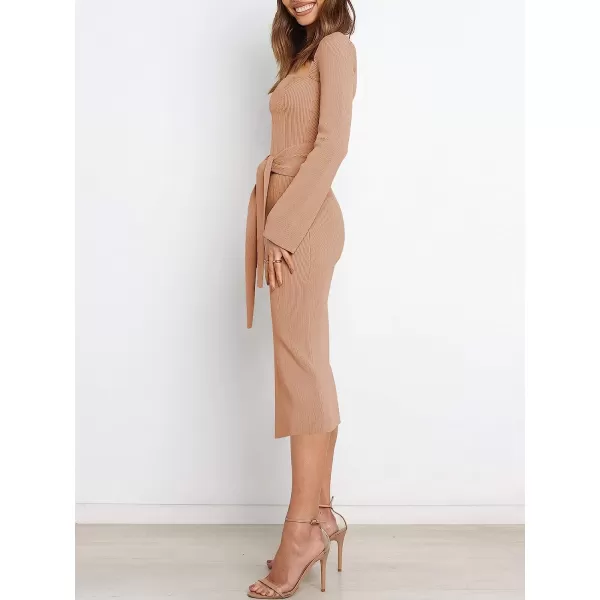 imageANRABESS Womens Long Sleeve Sweetheart Neck Tie Waist Slit Side Knit Bodycon Midi Sweater DressAlmond