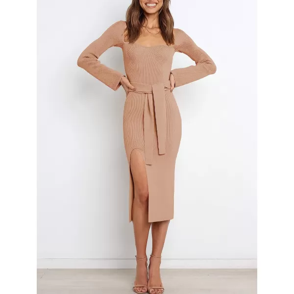 imageANRABESS Womens Long Sleeve Sweetheart Neck Tie Waist Slit Side Knit Bodycon Midi Sweater DressAlmond