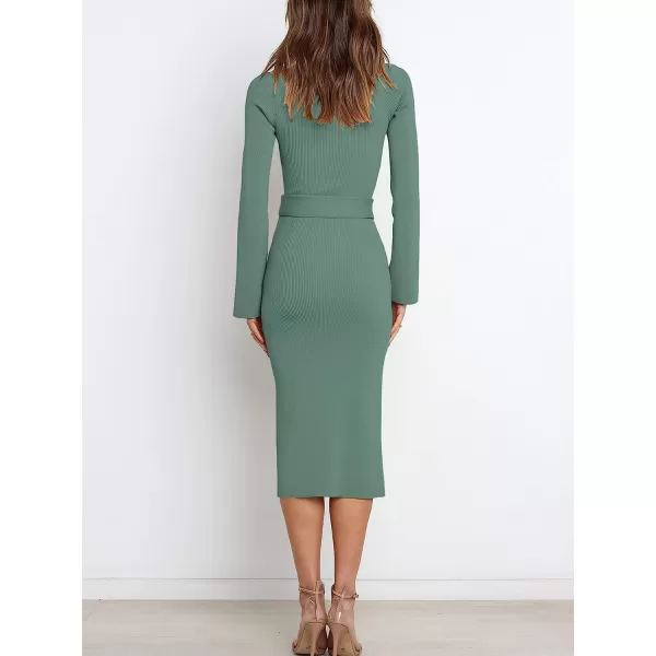 imageANRABESS Womens Long Sleeve Sweetheart Neck Tie Waist Slit Side Knit Bodycon Midi Sweater DressGray Green