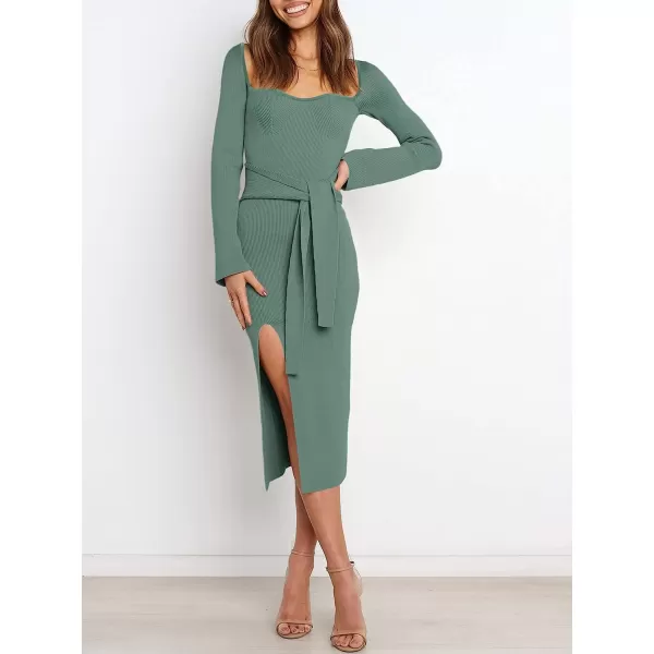 imageANRABESS Womens Long Sleeve Sweetheart Neck Tie Waist Slit Side Knit Bodycon Midi Sweater DressGray Green