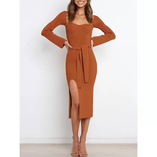 imageANRABESS Womens Long Sleeve Sweetheart Neck Tie Waist Slit Side Knit Bodycon Midi Sweater DressOrange
