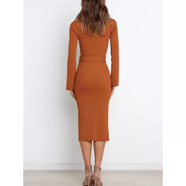 imageANRABESS Womens Long Sleeve Sweetheart Neck Tie Waist Slit Side Knit Bodycon Midi Sweater DressOrange